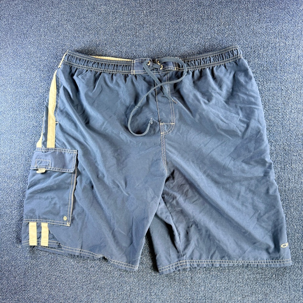 Ocean Pacific OP Sport Mens Board Shorts XL Navy Blue Tan Stripe Cargo Swims